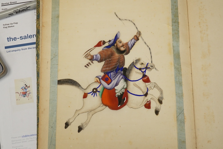 Chinese school, 19th century, an album of ten pith paintings of warriors on horseback